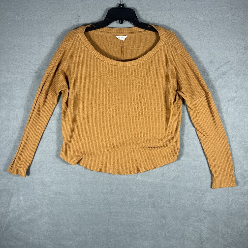 Aeropostale Women's M Mustard Waffle Knit Long Sleeve Scoop Neck Pullover Top